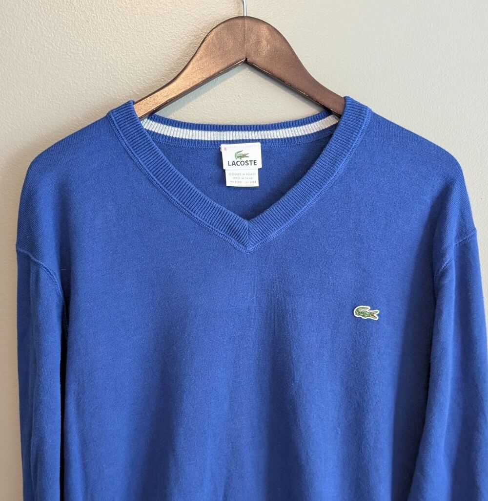 Lacoste Mens XL Size 6 Blue V-Neck Cotton Sweater Pullover Crocodile Logo Knit